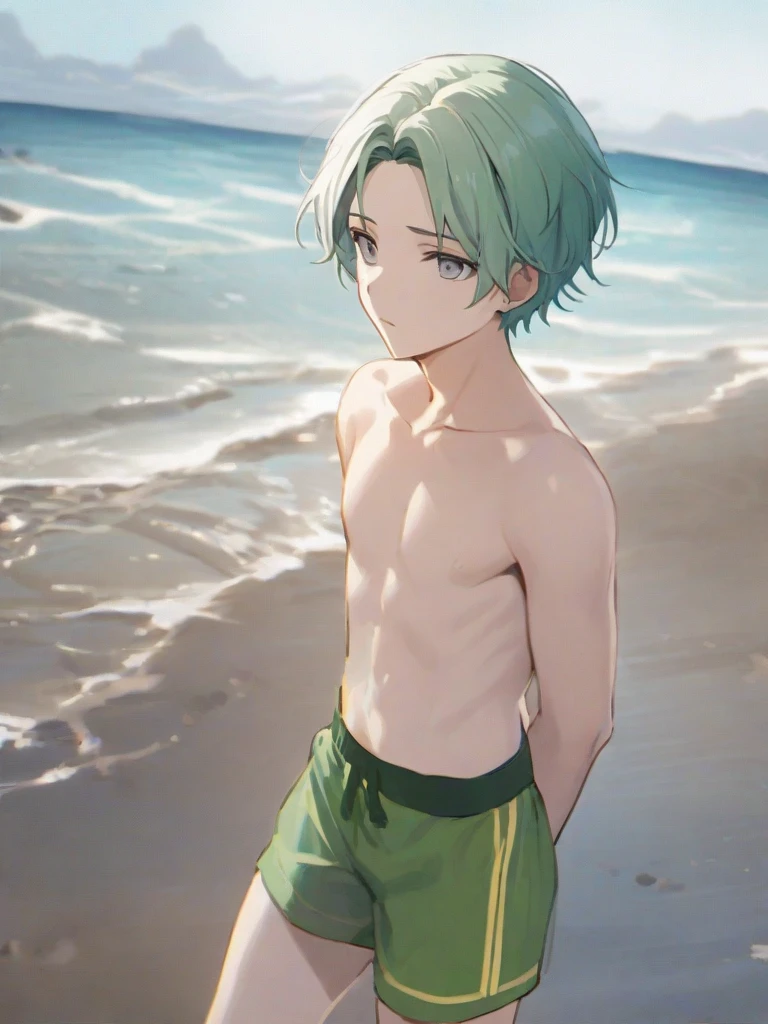 pretty girl, Dark green eyes, Turquoise surf shorts, Belly button, Flat Chest, white-green hair, short hair, Swimming Goggles, Put goggles on your head, Standing pose, coastal, Outdoor, Highest quality, Great quality, so beautiful, naked, Embarrassed look
