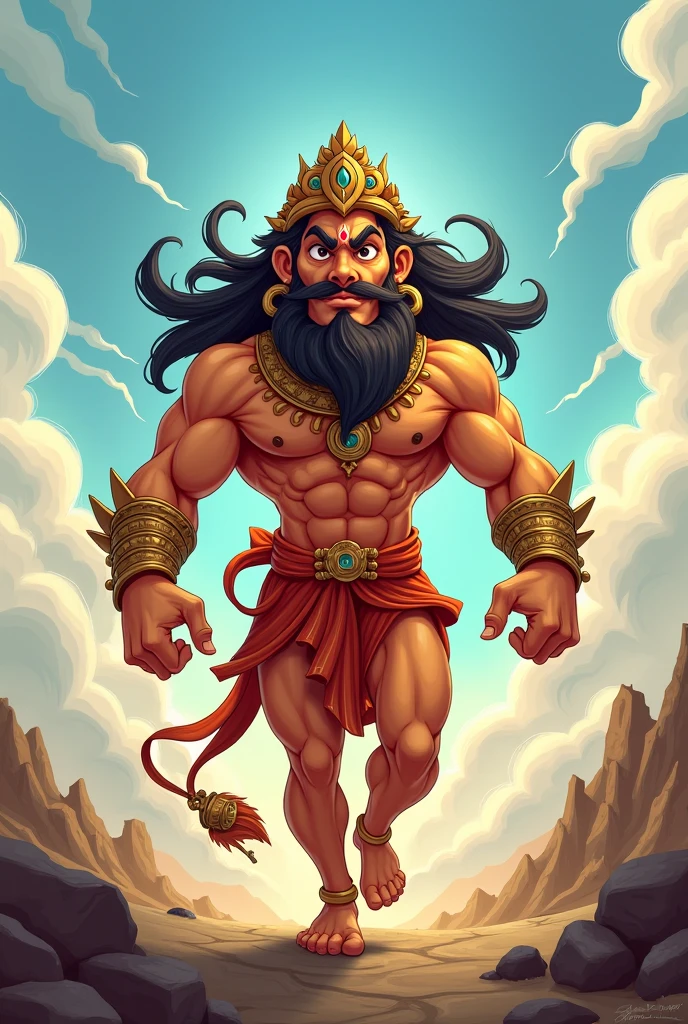 Create a 3D animated image of Lord Hanuman in a powerful and divine pose. He should be depicted with a muscular physique, holding his gada (mace) in one hand. His facial expression should convey strength and devotion, with detailed features like his tilak, flowing hair, and sacred ornaments. The background should enhance the divine aura, possibly showing a spiritual setting like a temple or a glowing sky. The image should capture the essence of Lord Hanuman's bravery and devotion in a vibrant, lifelike 3D style