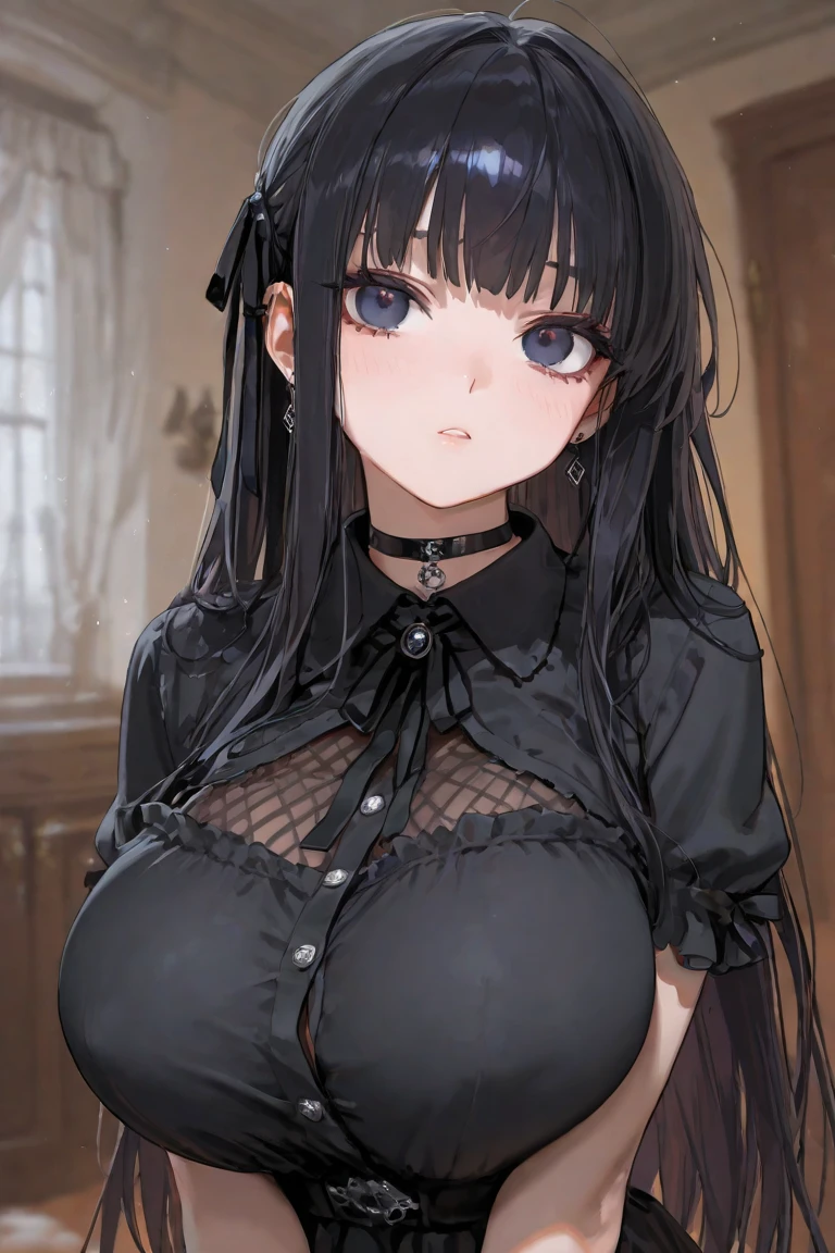 A beautiful girl wearing a black sailor suit with lots of frills and lace Long sleeve Long black hair with hair ornament Upper Body Big Breasts