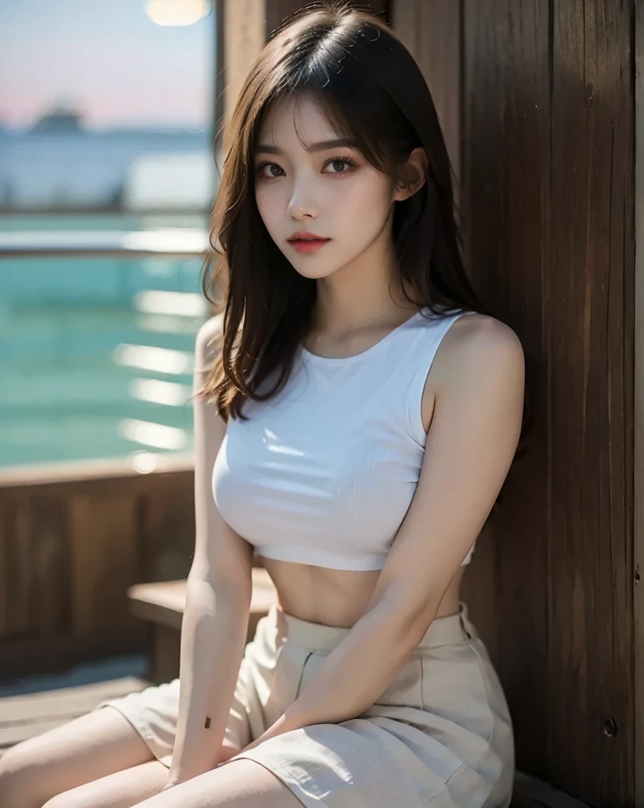 highest image quality、RAW photography、high-res、20 age, korea、Colossal:1.5、breast cleavage:1.5、Healthy skin、Glossy white skin、(long)、((Black Hair, light brown))、Beautiful eyes with random colors、The eyes are thin and have very intricate details....、Long eyes、Light Pink Blush、Beautiful long eyelashes with double eyelids....、eye shadow、(White tight tank top, Short denim skirt、Low-rise、beautiful legs、Interesting thighs....)、Snap Street、The thighs thicken slightly....、Shot with emphasis on the legs....
