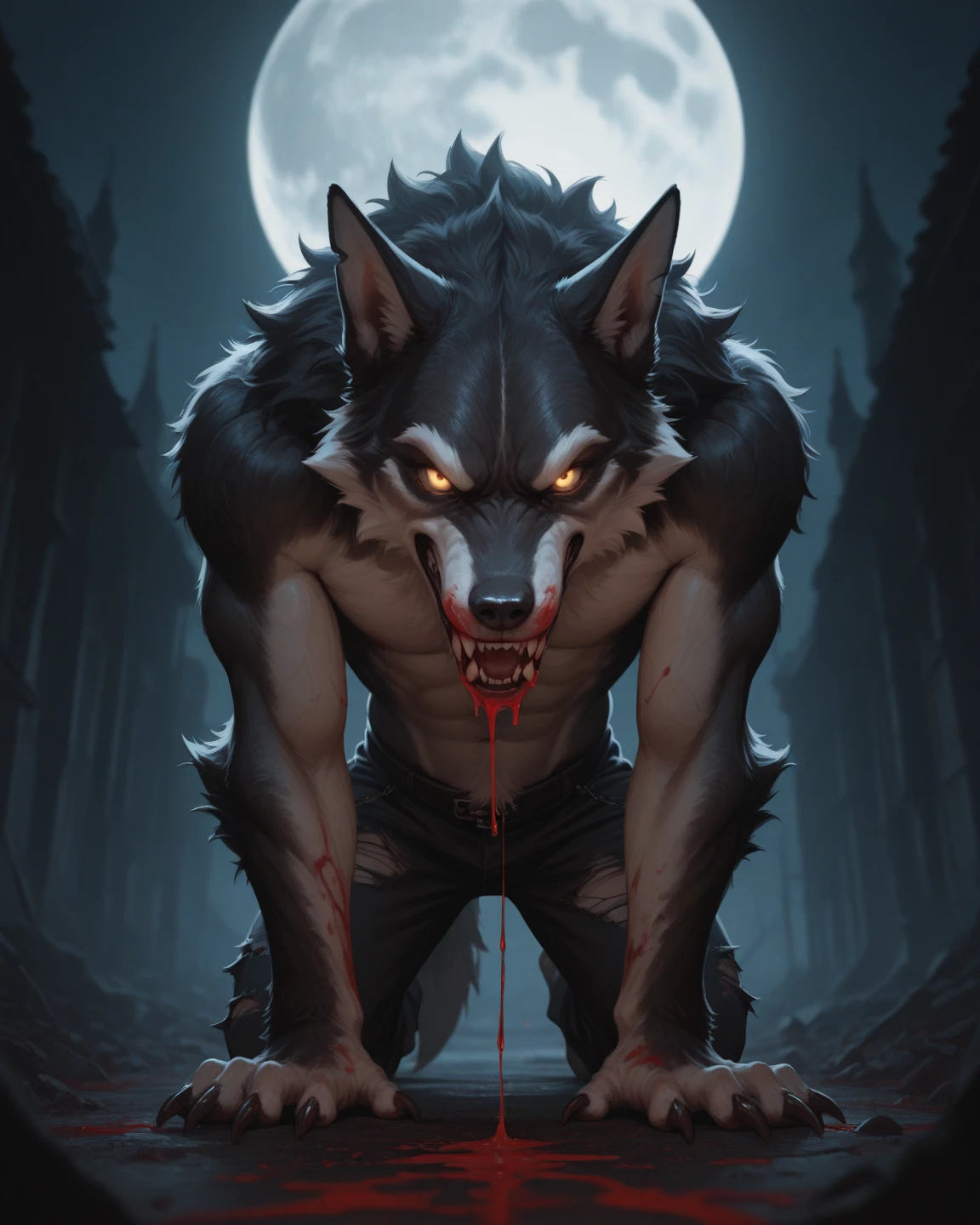 sfw, looking at viewer, licking lips, pouncing, ((werewolf)) solo male, tojo the thief, kenket, chunie, darkgem, anthro, ((detailed face)), ((dark forest), full moon), long snout, black fur, red eyes, menacing. (looking out from cave), detailed realistic painting, ((body hair)) BREAK (full moon) BREAK (glowing lanterns), night