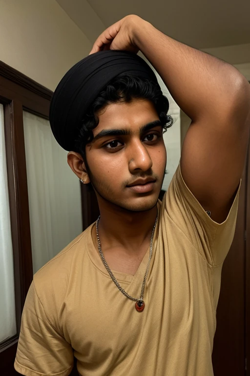 15 age boy, black turban, red robe, black under wear, brown eyes