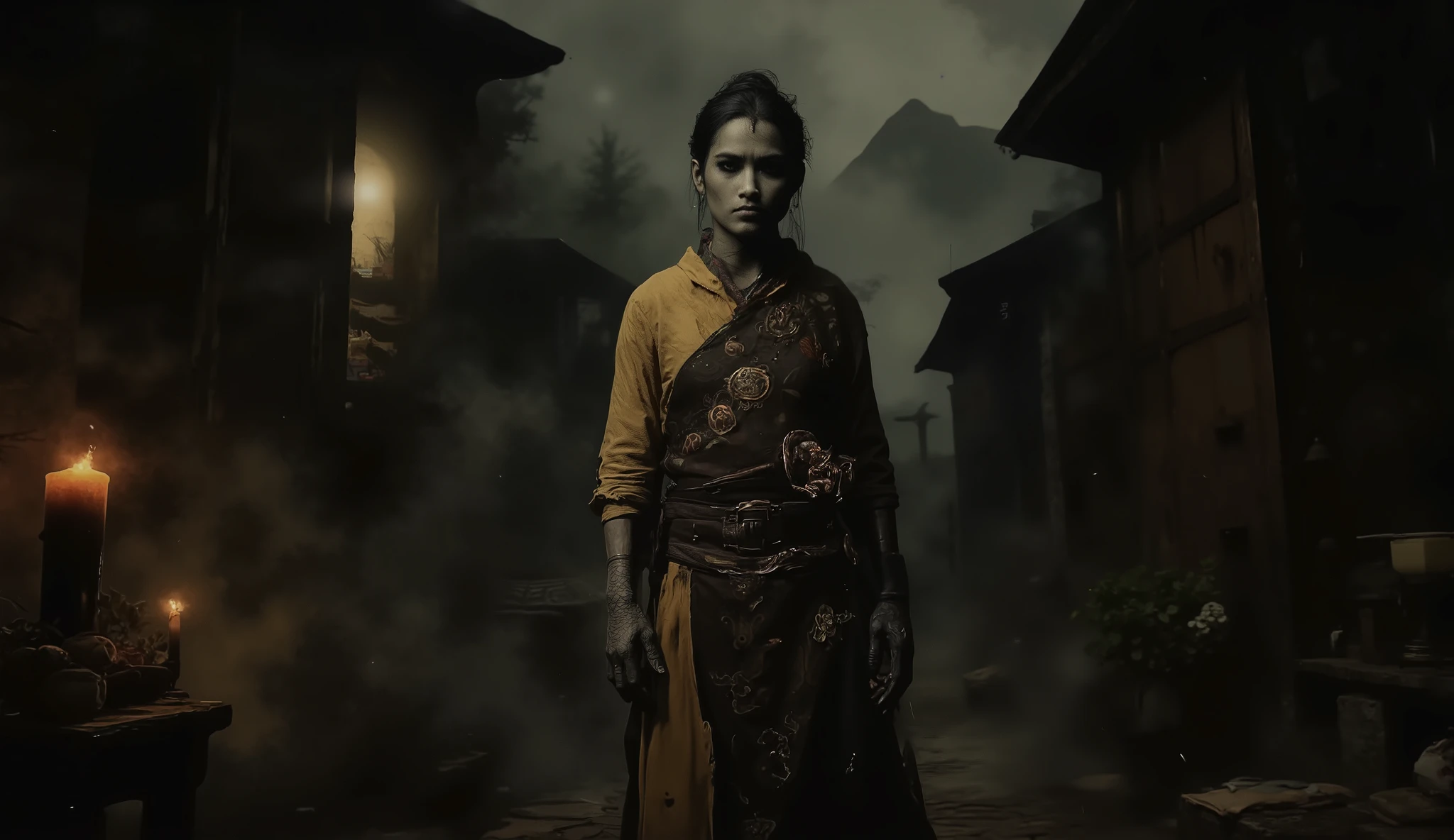 Asian Samurai girl, beautiful face, perfect body, Japanese village, dark, nighttime, foggy, dark street, Japanese mountain background, sexy, seductive, high detail, masterpiece.
