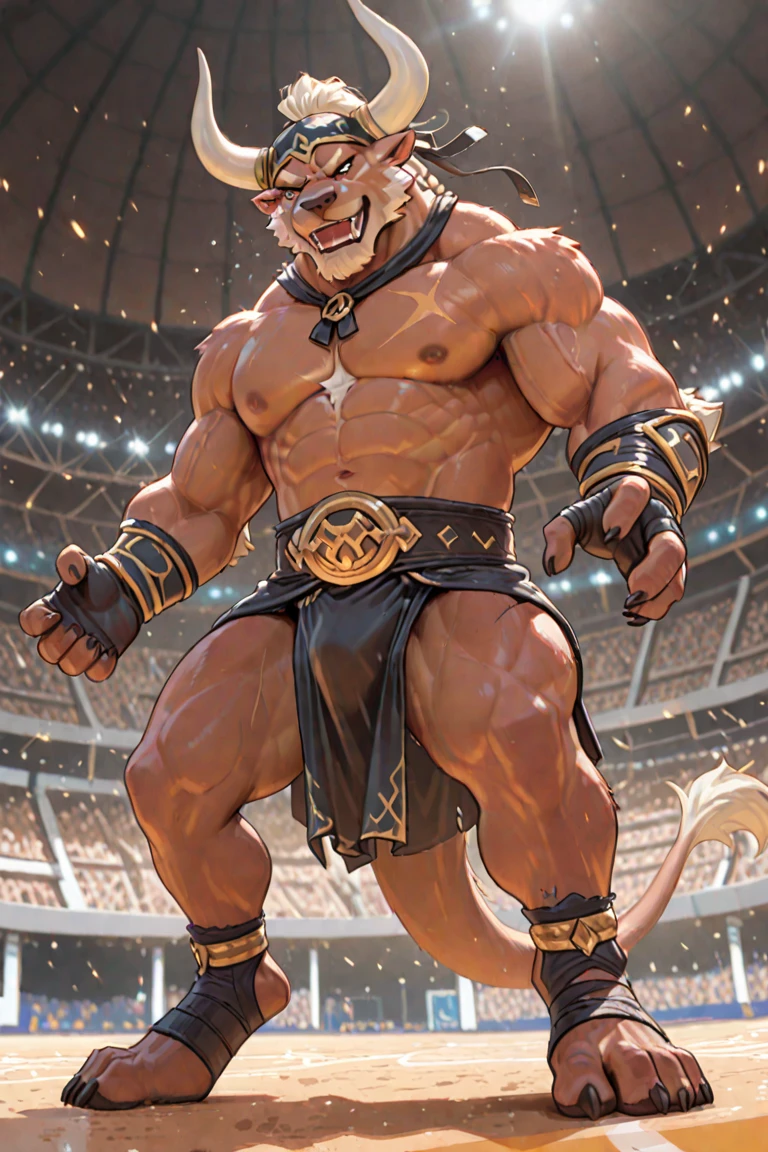 Furry, Kemono, Leon, Leomon, Digimon, solo, Antro body, Bigg Ass, Male Bulge, masculine, Full body, Feet, Braided Mane, Black leather harness, Spiked Anklet, White fitted fundoshi, (white Fundoshi) , Roman arena with public in the stands, Blue Sky Background with Green Grass Meadow, (Vertical Blue Pupil Eyes),(anime cat blue eyes) High Resolution, 4K Detailed, Good Lighting, Beautiful, Photorealistic, Realistic, japanese Fundoshi, (white loincloth), tale, tale Leon, black claw nails, Big Scar on left shoulder