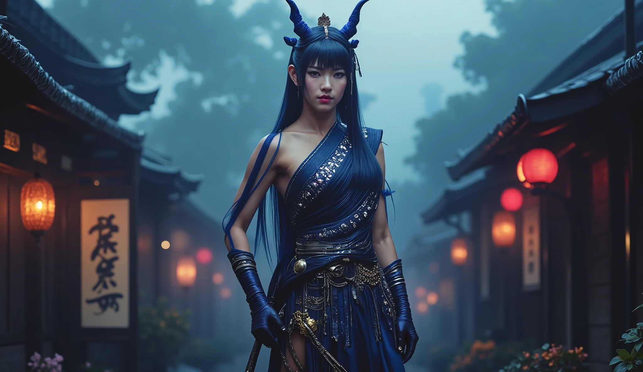 Asian Samurai girl, beautiful face, perfect body, Japanese village, dark, nighttime, foggy, dark street, Japanese mountain background, sexy, seductive, high detail, masterpiece.