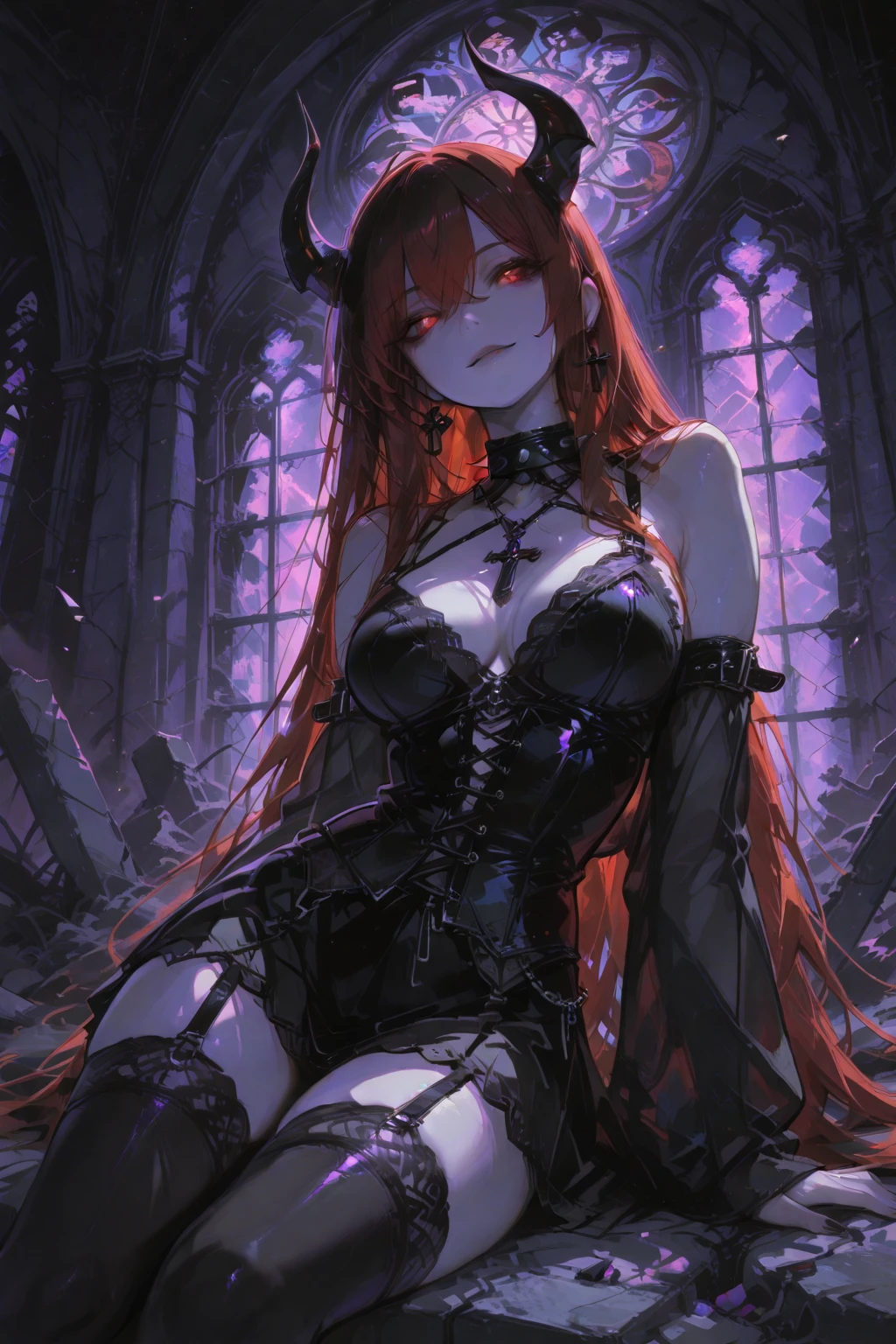 A female demon with cat ears, Elf ears and black demon horn, ((orelhas de elfo)), ((demon horn)), (orelhas de gato)), cabelo cor-de-rosa extremamente longo, ((Cabelo cor-de-rosa)), White demon eyes, ((olhos brancos)), vestido de noiva preto, Gothic cathedral abandoned and destroyed