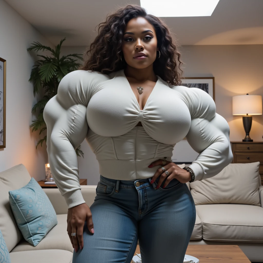 Young black girl, Wearing a small white tank top with a large neckline and jeans, Sentada em um banco, ebony skin, corpo fitness, bela garota, Slim body, tall girl , sfw Gigantic curly hair, face delicada, long hair, ebano skin, ajoelhada, muscle body definition, giant ass, Large and muscular thighs, ebony skin, tirando a regata,