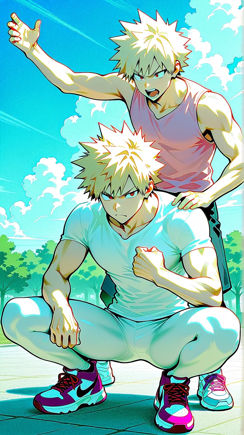 Wild young man, Katsuki bakugo, a man in triangle underwear with leopard print, muscular body, dark skin, natural eyes, shorth hair, big legs, Sexy Mann, look up at the viewer, Blush, Big ledges, Bulge, Landscape of a jungle, masterpiece, best quality