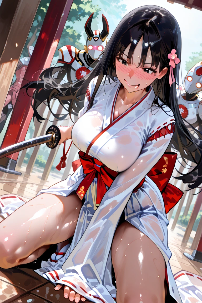 top-quality、Top image quality、in 8K,4K,masterpiece、(NSFW:1.5)、(ultra res),(tre anatomically correct),ultra-detailliert、Beautiful、ultra-quality、-Like that、Cool、((Undersized breasts:1.4、Narrow cleavage, under booblad:1.4), Full of wounds:1.1), Blood everywhere, (Blood on clothes:1.1), blood pool, (Covered with blood:1.3))、girl with(((18year old、A bloodstained white cloth is wrapped around his chest....:1.5、右手のJapanese Katana Swordでサムライゾンビを切り倒す:1.5、White loincloth with blood on the waist:1.5、poneyTail:1.5、dark brown hair:1.3、Torn Hakama:1.2、Disturbed armor:1.2、Putting out fangs:1.5、(右手にJapanese Katana Swordを持っています:1.8)、左手にはJapanese Katana Swordのscabbardを持っている:1.8)、(右手でJapanese Katana Swordを垂直に持ちます:1.5)、Red Eyes、erotick:1.4、Happiness、((The tattoo)))、hiquality、visualart、Background with((neons, the night:1.3、寺院のBackground with:1.3、highqualitybeautifuleyes:1.3))、masutepiece,(chains are tied around the body:1.3),(Acme juice gushing out),(A thin loincloth that bites into your vagina:1.3),(ボロボロにTorn Hakama),(The thighs are wide open to the left and right:1.3),(My panties dig into my vagina and I can see my vagina.:1.5),(vagina appreciation model:1.3),(Open mouth to drool),(perfectface:1.3),(lots of pussyjuice:1.3),(Open your thighs wide to the left and right and squat down to show your vagina.:1.3),(Japanese Katana Sword、scabbard),(perfecthand:1.5),(perfectfinger),