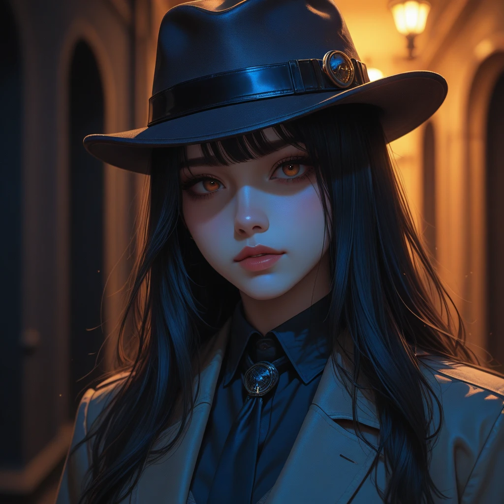 Long black hair with a little black hat white suit and yellow eyes