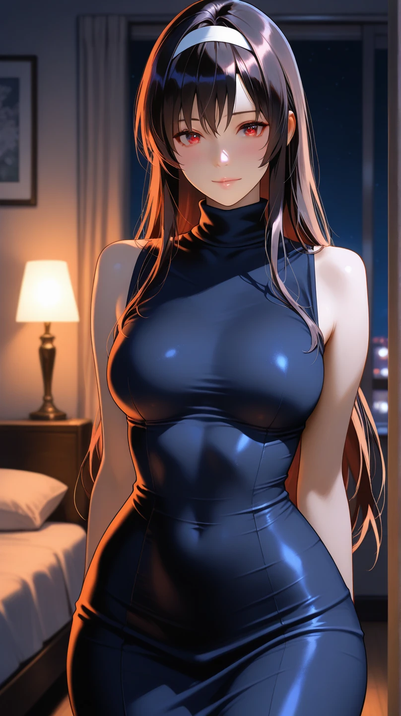 Hyper realistic super detailed sexy Anjo Naruko, Very detailed, expressions faciales sexy, seductive facial expressions, [:(Face detail: 1.4): 0.4], 16K resolution, 4k resolution, dinamic lighting, High definition resolution, (hyper realistic: 1.4),(contrasting background: 1.5), (Anatomy of the hyperrealistic arm), (Hyperrealistic anatomy of the legs), (peau propre), (lighting cinematic: 1.7), (intime), (Technologie NVIDIA RTX Ray Tracing), (Anatomy of the hyperrealistic arm: 2), (Ventre plat parfait), (image couleur), Anjo Naruko, breasts, cleavage, blush, medium breasts, pov doorway, door, doorway, bangs, looking at viewer, collarbone, phone, solo focus, indoors, sweat, no bra, cellphone, Anjo Naruko, hairclip, large breasts, twintails, turtleneck sweater, sweater dress, virgin killer sweater, looking at viewer