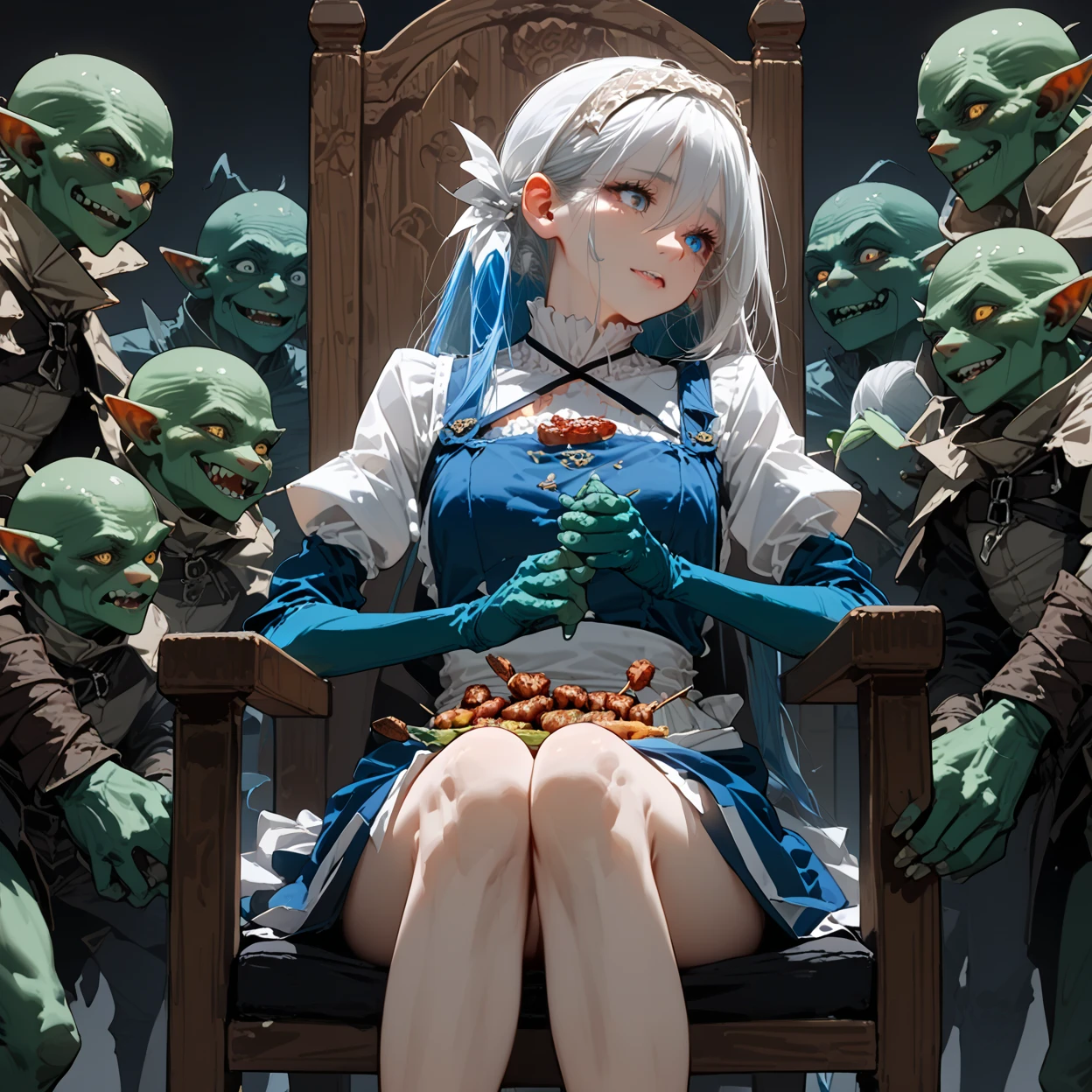 masterpiece, goblinriding, a goblin is riding a girl, goblin, goblins, (all fours), 1girl, (maid:1.1), (nose hook), reins, collar, chain, rope, long hair, blue hair, ponytail, hair ribbon, brown eyes, Tsuruga Ami, Megami no Cafe Terrace, huge breast, blank eyes, empty eyes, obey, mind control, in trance, happy trance, proud, be proud,
