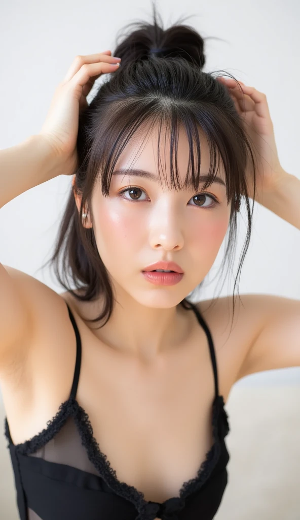 (best quality, highres), enchanting, mesmerizing expression, double eyelids, ponytail, brown hair, Japanese, 22 years old, translucent string bikini, blurred background, night pool, confident chest, idol face, full body pose, wrinkle on the armpit, pressing the chest, busty, open mouth, pale pink lipstick, radiant skin, thin eyebrows, long eyelashes, clean-shaven