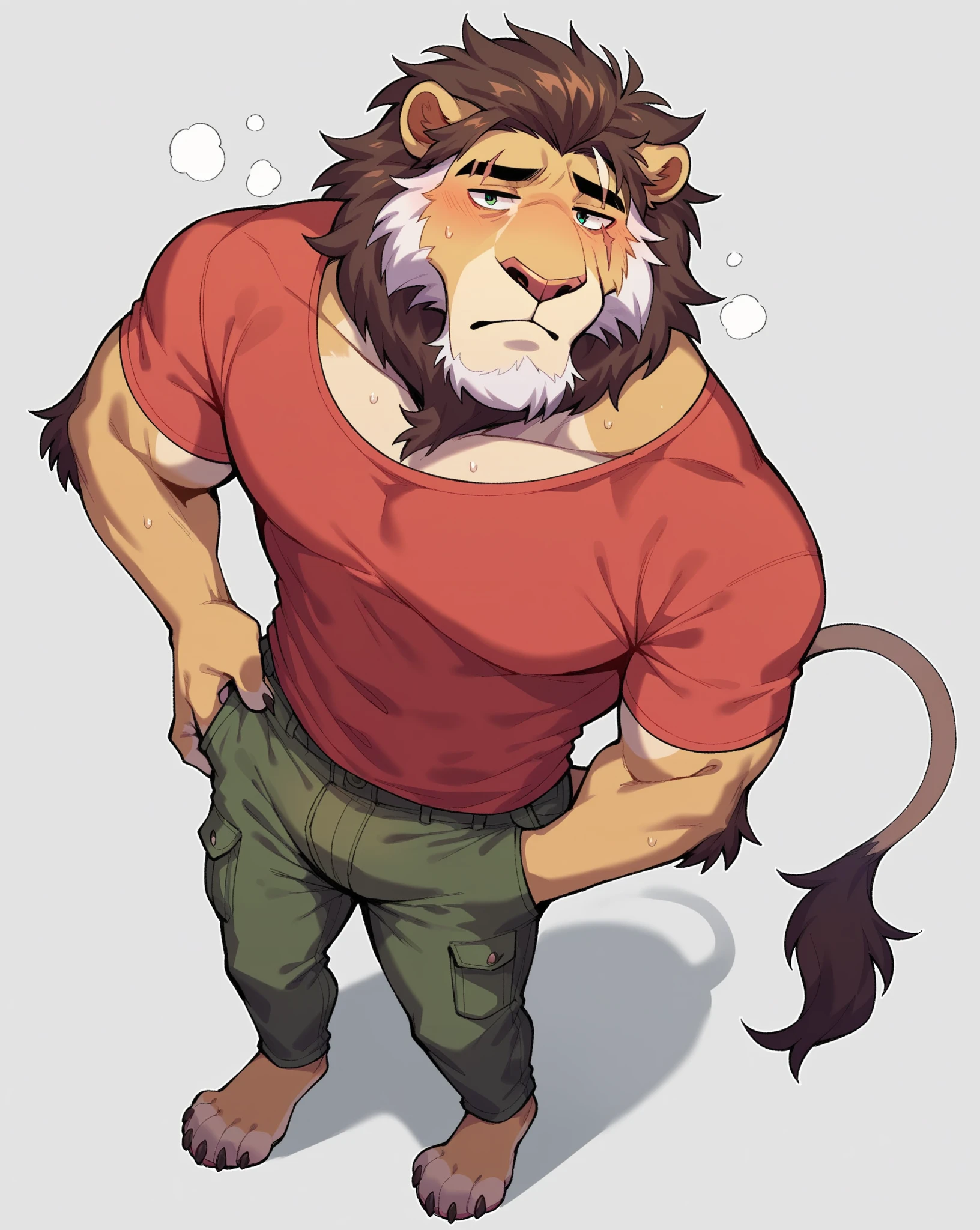 Chubby, furry,male , anthro lion, very plump, middle aged , mouth covered mustache,Thick beard, seductive , detailed , half body , tight tank top, extremely hot and sexy, eye closed, by hyaku ,by darkgem, by glitter trap boy