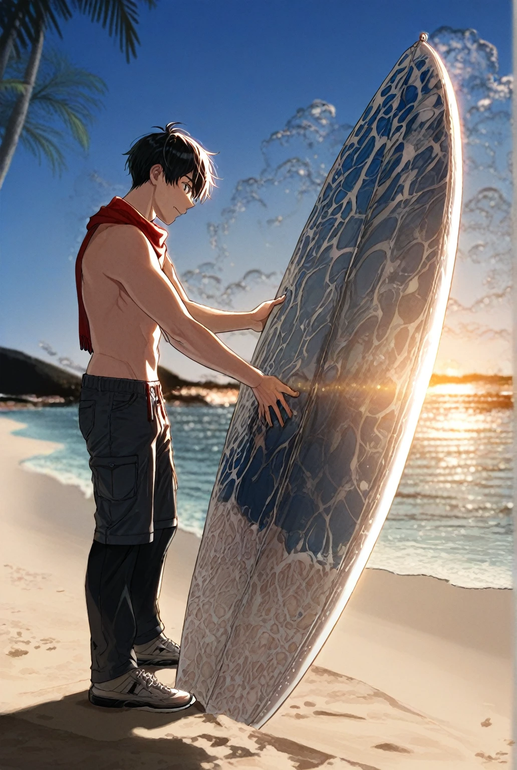 (absurdres, highres, ultra detailed, HDR), masterpiece, best quality, a boy holding surfboard, solo, handsome, short hair, black hair, finely eye and detailed face, white pale skin, bare chest, swim trunks, smirk, sunny sky and cloudy, full body view, from side, from behind, look at viewer
