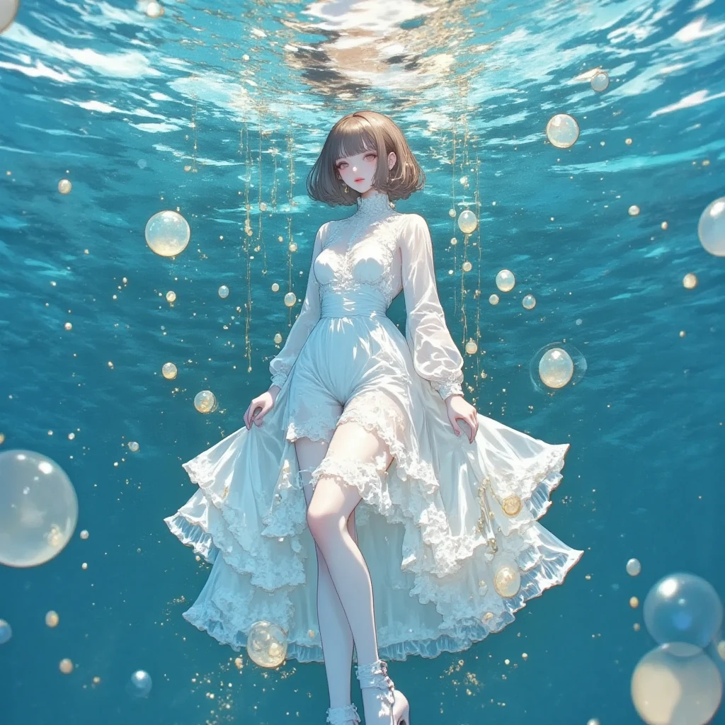 ((inside a big glass ball))(underwater) (floating bubbles) Under the sea ((fantastic starry sky )) (jellyfish) （Healing）((little))  (snow white dress)（sit）  The Little Mermaid   pink hair
 blue Eye
