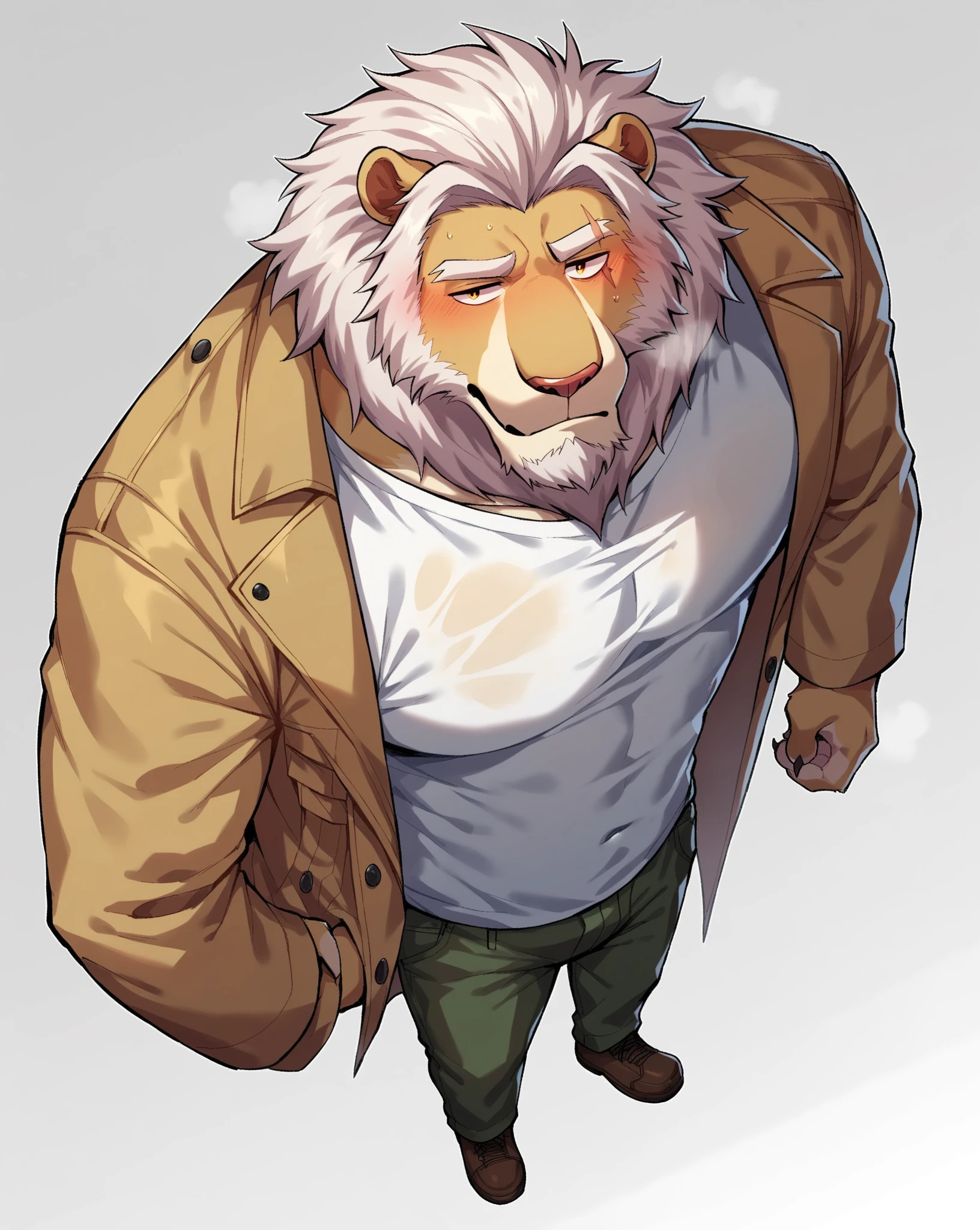 by chunie by catsudon by retros, male,ridiculuous,((mature,mature male)),((Bearded)),((Mustache)), felid, solo, ((Lion,tail)),(white hair), facial hair, facing viewer, ((Highly detailed face)), (((Grandpa Figure))), ((smilling)), red and orange abstract background, ((black shirt)),((short pants)), smile, ((((wise)))),((DILF)),