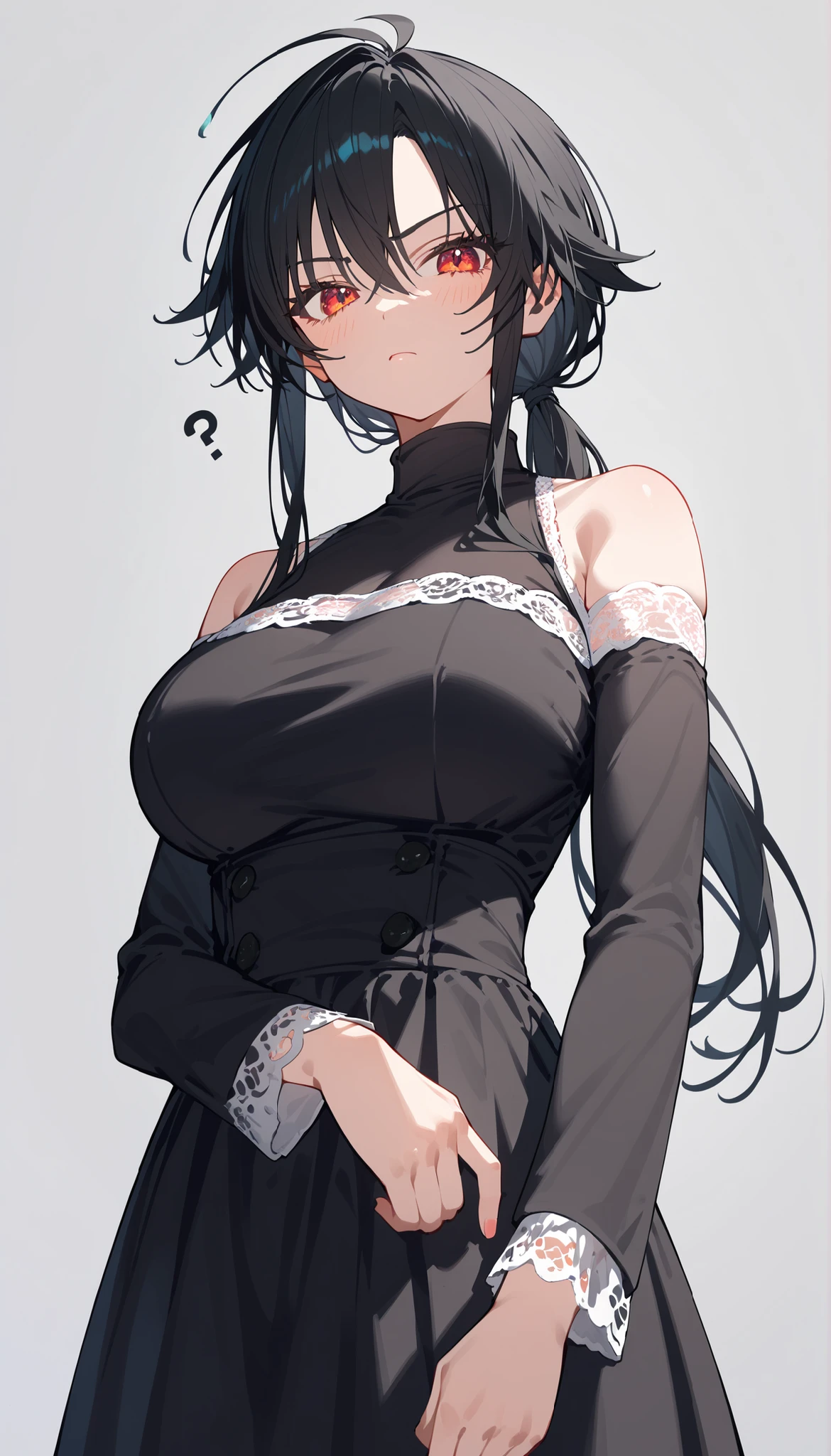 alone,girl, tomboy, black hair,ผมสีดำ,in red eyes,long hair,Fierce face,good figure,slim,Tall,Calm down,front focus,standing,Serious-Faced Shirt,Upper Body Shape,milf,long hair,gray background,,bright,looking at the audience,big breasts,Confused,Turtleneck dress,muscleหน้าท้อง,six pack,Off-the-shoulder dress, Stocking arm,muscle, Close-up image ,Dress,Low ponytail, Stocking arm ,arm stocking,ุDress,lace dresses,shy,Black suit,Dress in black,