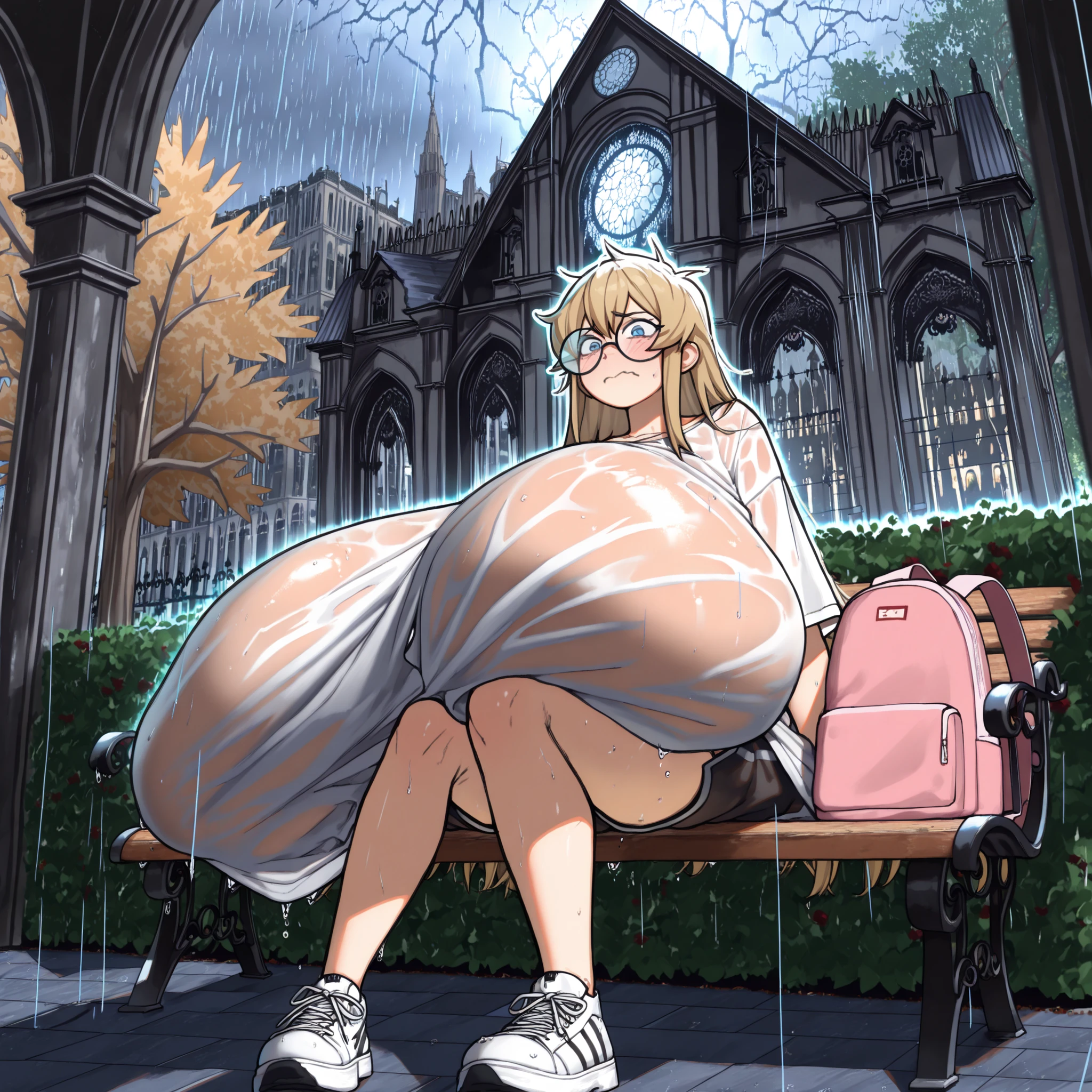 1girl, blue eyes, dark medium length hair, (sitting on a park bench) (wet shirt) (3/4 angle) ()(large sneakers) , (wearing kakhi shorts, oversized t shirt, small circular glasses, large pink backpack over one shoulder), () () (college campus background, (college gothic architecture buildings covered in ivy in background,  tall oak trees, decorative hedges), , , solo, (), (), best quality, masterpiece, (score_9), (score_8_up), (score_7_up), (disgusted emotions), perfect shadows , masterpiece, best quality, 8K, detailed, (specular thunderstorm lighting), (rain and thunderstorm),  (no bra) (breasts outline) , (gigantic breasts, sagging breasts) (covered breasts)