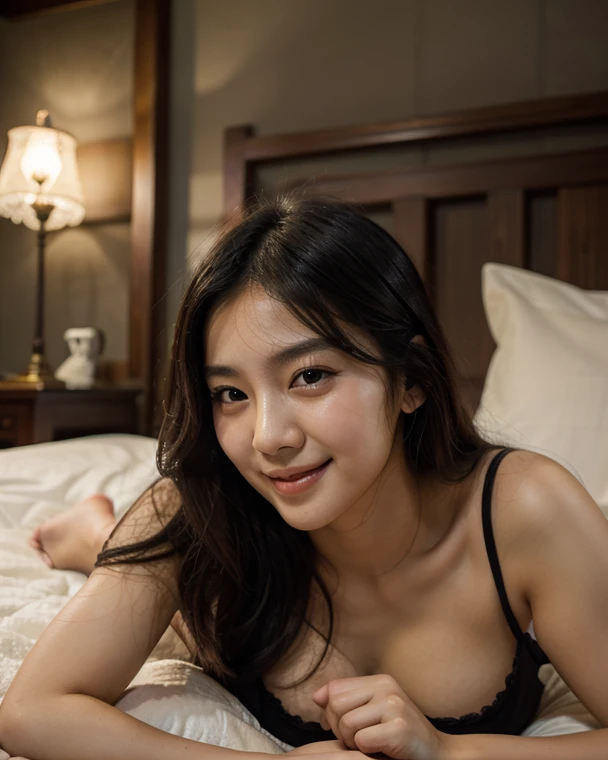 photo of black hair female, sharp face lines, skinny face, beautiful slim face, black long hair, beautiful dimples cheeks, slim beautiful japanese face, beautiful face, beautiful nose, masterpiece, high resolution, 21 years old, busty female, nice skin, american mixed japanese ethnic female, Hotel's cozy nook, in a snug, stylish off shoulder outfit, reading a book, warm lighting, candid shot