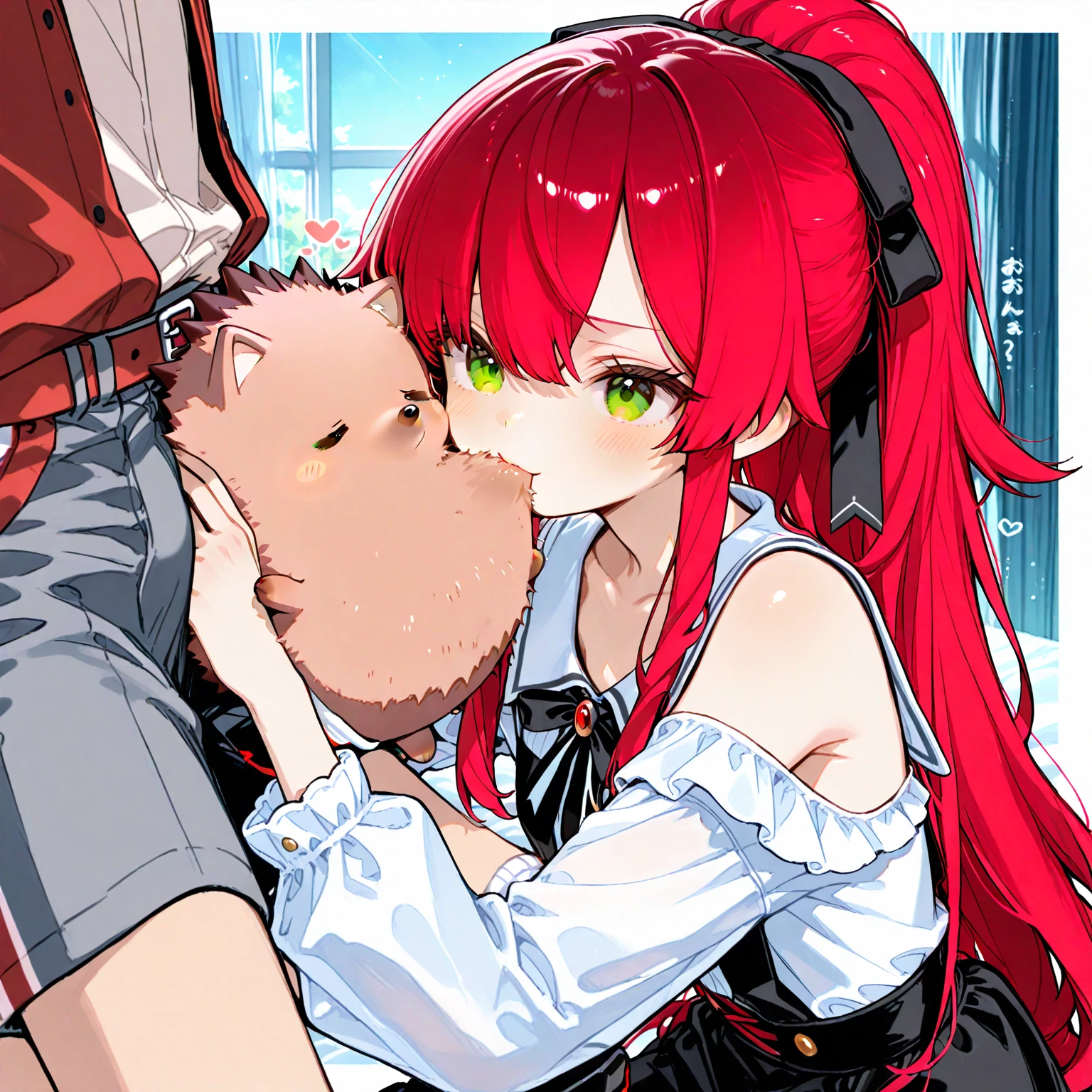 (best quality, ultra detailed),sakura kyouko, red eyes, red hair, long hair, ponytail, black ribbon, magical girl, sleeveless, short dress, red dress, skirt under dress, Pink pleated skirt, black thighhighs, 14 years old,crying,break,((1man and 1woman,fellatio,penis,))
