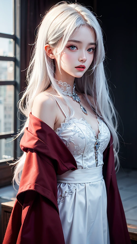 masterpiece, Highest quality, Very detailed, crystal, Intricate details, High resolution, Official Art, Beautifully detailed face and eyes, High resolutionのイラスト, 8k, Depth of written boundary, Bokeh, alone, One girl, A goddess with white hair and red eyes, Long white hair, Beautiful red eyes, Beautiful Landscape, Rainy Town, Upper Body, View your viewers, 