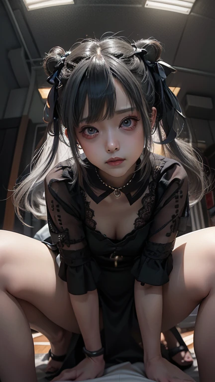 (8k, RAW Photos, Very delicate and beautiful, Ultra-high resolution, Highest quality, masterpiece: 1.2), (Real、Photorealistic: 1.4), (Highly detailed 8K wallpapers, 3d), Cute girl like a doll, highly detailed dress, Gothic, Lolita, Big ribbon, Twin tails, Blunt bangs, Highly detailed glossy black hair, Transparent white skin, Pink Cheeks, Big, round brown eyes, Tear bags, Long eyelashes, Thin lips, slightly raised corners of the mouth, round face, Simple Background, From above, Looking at the camera, Cinematic, Dramatic, In the Studio, The best light, Backlit, Perfect composition,