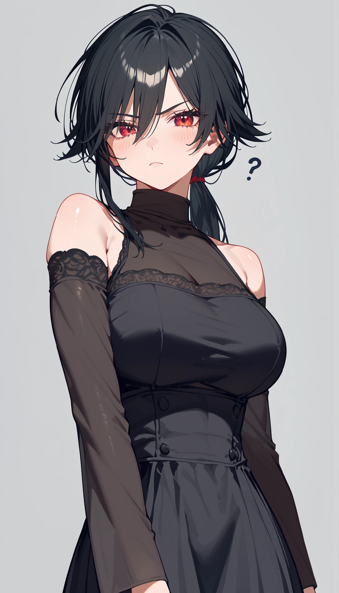 alone,girl, tomboy, black hair,ผมสีดำ,in red eyes,long hair,Fierce face,good figure,slim,Tall,Calm down,front focus,standing,Serious-Faced Shirt,Upper Body Shape,milf,long hair,gray background,,bright,looking at the audience,big breasts,Confused,Turtleneck dress,muscleหน้าท้อง,six pack,Off-the-shoulder dress, Stocking arm,muscle, Close-up image ,Dress,Low ponytail, Stocking arm ,arm stocking,ุDress,lace dresses,shy,Black suit,Dress in black,
