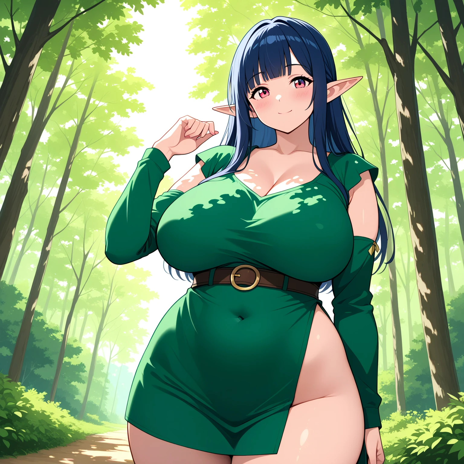 Elf Girl, Slingshot May, Thin May, Thin May, Giant Elf, with Oversized breasts, (Disproportionate breasts) (Oversized breasts) Huge breasts (exaggerated Huge breasts: 1.5), (Disproportionate breasts: 1.5)(Exploded chest), Breasts bigger than body, Elf black hair, Long black hair, Short bangs, Braid on the right side of the head, (Huge breasts), Elf sitting on the pool floor, Sitting on the floor with legs open, Cel-shading style painting, Cel-shaded anime, Retro Anime