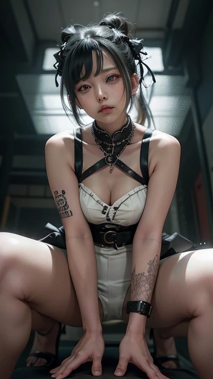 realistic, High resolution, soft light,1 female, alone, hip up, glowing skin, (detailed face),tattoo, jewelry, Strange Uniforms, black stockings, garter belt, night, blonde hair, wavy hair, beautiful soldier, Eyes that invite the viewer, spouse'point of view, attractive appearance, sexy smile, perfect style, perfect balance, fine skin, naughty look, I can see your breasts