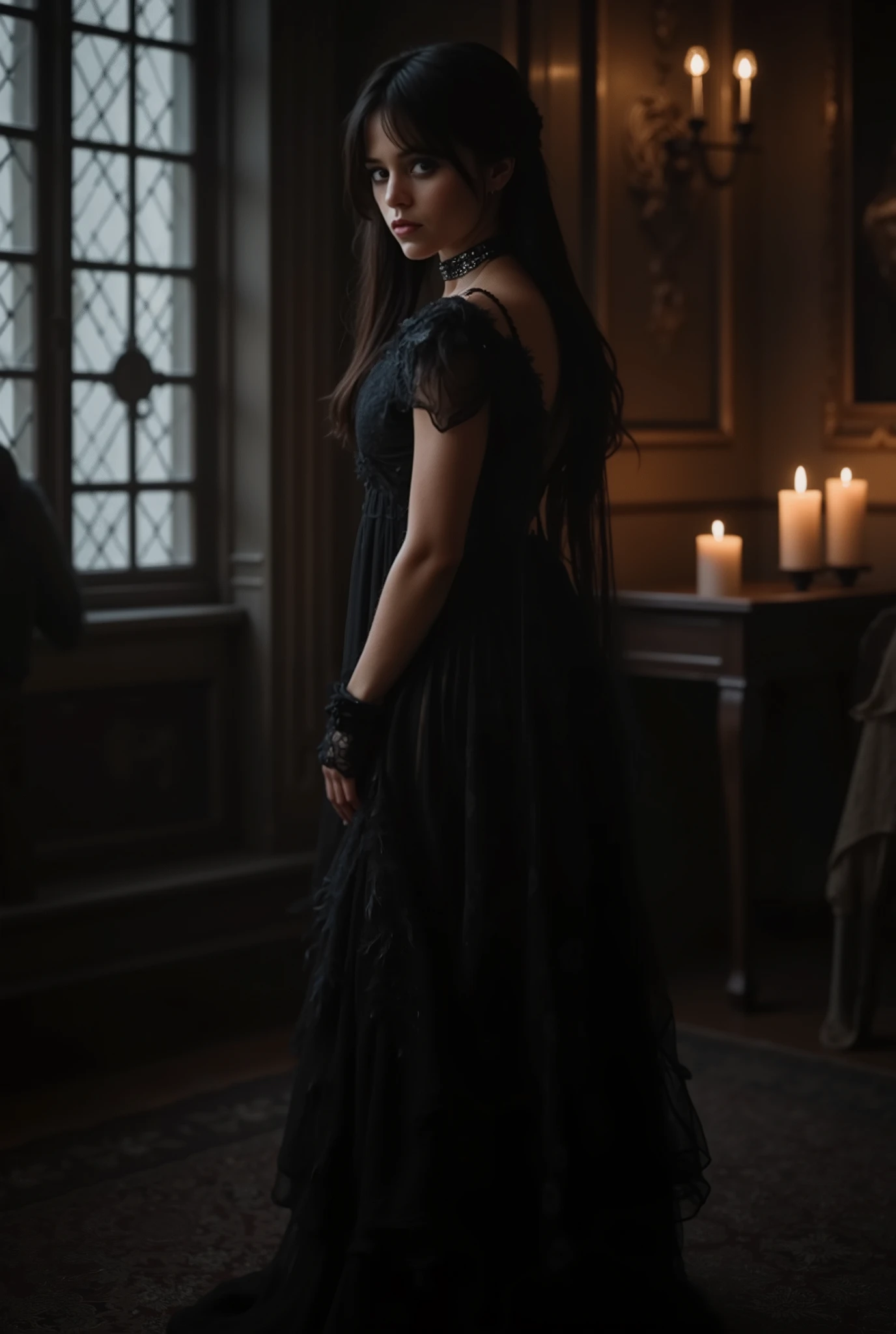 Photo brute, femme 25 ans, Image jusqu’à la taille au centre de la composition, ((long, noir, curly hair)), yeux bleus, hautain, Salope, arrogant, brodé d’or du haut Moyen Âge (dark blue dress) avec long, large, Manches droites spacieuses, in a medieval castle, blurred background, 8K UHD, Low lighting, hiquality, grain du film, Fujifilm XT3