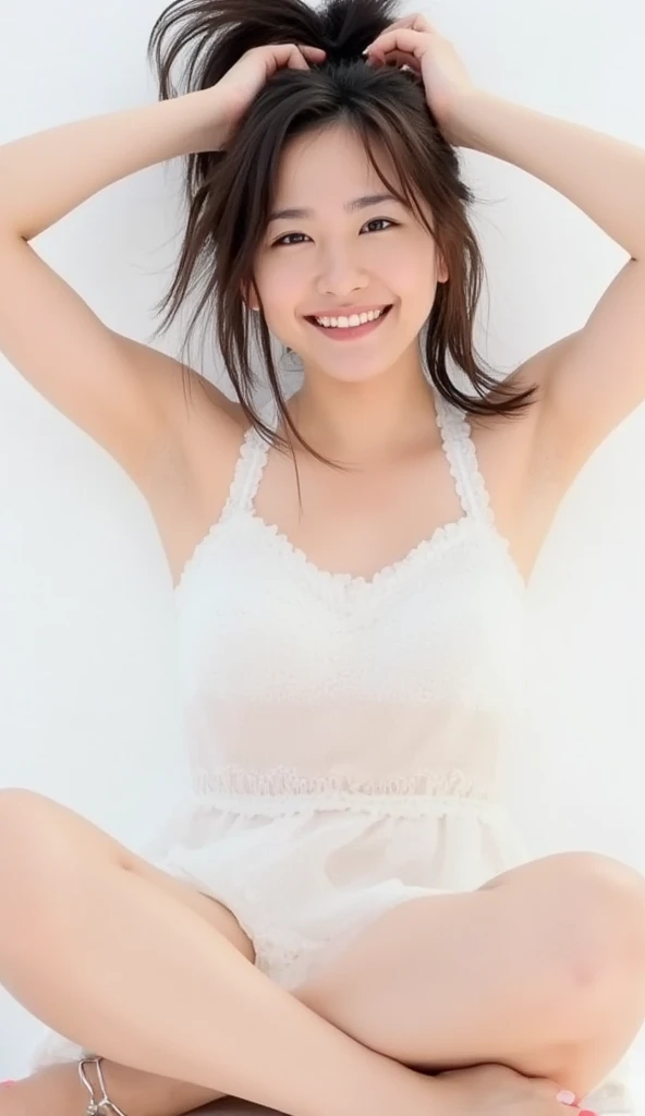(((High resolution))、8K、(In detail))、(Highest quality)、Beautiful girls、A beautiful girl with white wings growing on her back:1.5 、笑顔のCute beautiful girl、Very attractive beautiful girl、(White Bikini)、On a bed with white sheets,(((Your smile is cute,)))、((12-year-old girl:2.0))、Super cute lolita idol、(((Beautiful girl in a revealing white off-the-shoulder dress, Transparent muscle)))、(Slender body and beautiful breasts)、((Well-formed and elegant face:1.5))、(((I can see my belly button)))、(Big Breasts: 1.5)、tits、Little dress、Cute beautiful girl、(((A dress with a random and complex shape that exposes a lot of the bust:1.5)))、Very beautiful beautiful girl、A young and innocent beautiful girl、((Big Breastsの谷間を強調してる:1.5)) 、The thighs are visible to the base、((Doing the splits))、sit、(The dress has a deep slit:1.5)、(Arms crossed: 1.5)  、A beautiful girl、The dress has a deep slitのオフショルダー、超Cute beautiful girl