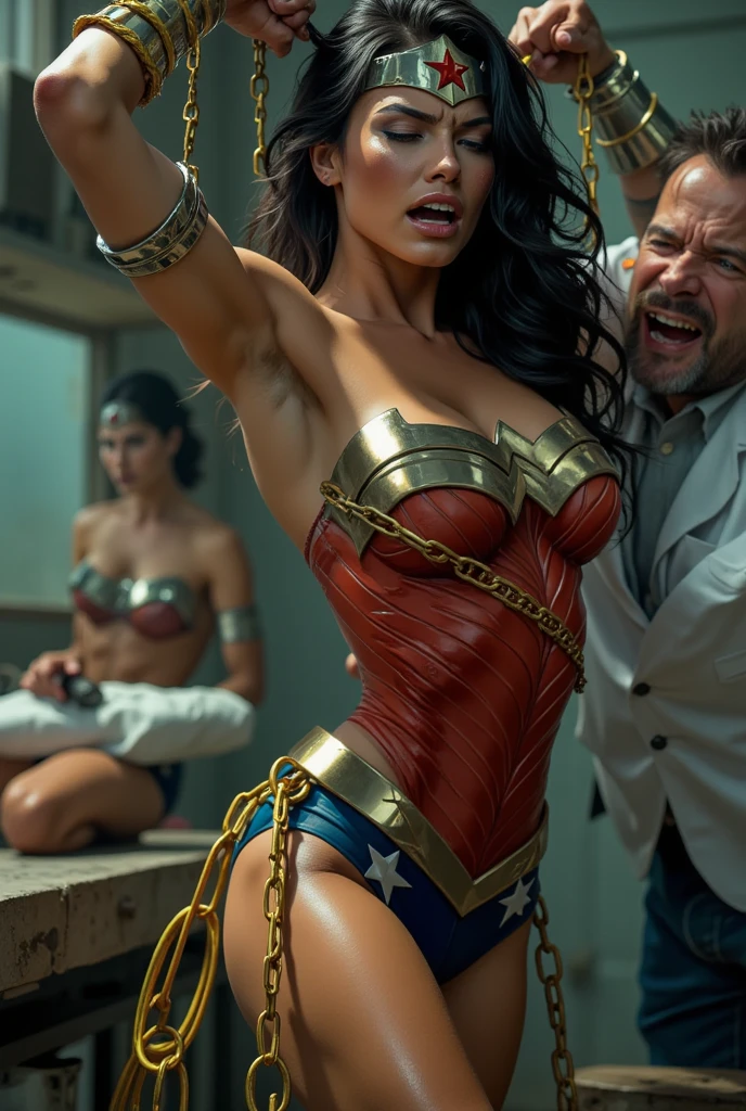 ((highest quality)), (8k, highly detailed, high-detail RAW color photography, masterpiece: 1.2), (realistic and realistic photo: 1.4), realistic room with (blurred background, depth of field), accurate perspective, (depth of field:1.2), cinematic lighting rendering, photon mapping, physics-based rendering, Wonder Woman being embraced by a man, the man is wearing a black jumper and both arms are around Wonder Woman's waist, Wonder Woman holds her arms down, holding nothing, Head down, Wonder Woman, closed mouth, frowning, pain, heavy breathing, closed eyes, (intricate details, makeup), (delicate and beautiful delicate face, delicate and beautiful delicate eyes, perfectly proportioned face), (realistically moist skin: 1.2), (drenched body: 1.2), (wet skin), wet hair, delicate skin, strong and realistic blue eyes, realistic black hair, lips, makeup, natural skin texture, tiara, jewelry, star \(symbol), leotards, bulletproof gauntlets, red boots, golden girdles, (public clothing: 1.5), bare shoulders, slightly sunburned skin tone, mature, sexy, elastic muscles, (muscles:1.3), ((strong and healthy body)), ((((more) muscles))), long legs, curves, (big breasts: 1.3), thin waist, soft waist, (delicate skin), (beautiful and sexy woman), (swollen lips: 0.9), (eyelashes: 1.2), very delicate muscle definition,