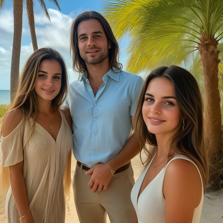 RAW photo, a portrait photo of 35 y.o white man and his super model lovely wife, formal beach clothes, standing in front of his luxury minimal Caribbean beach front infinity pool villa, natural skin, 8k uhd, high quality, film grain, Fujifilm XT3 ,beautiful symmetrical face, perfect sparkling eyes, well defined pupils, high contrast eyes, ultra detailed skin