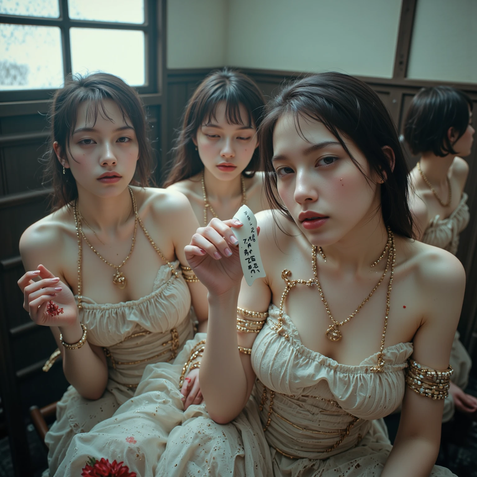 The three girls, tied hands, hands hanged, chained, hands raised above their heads, pained expressions, thighs, no panties