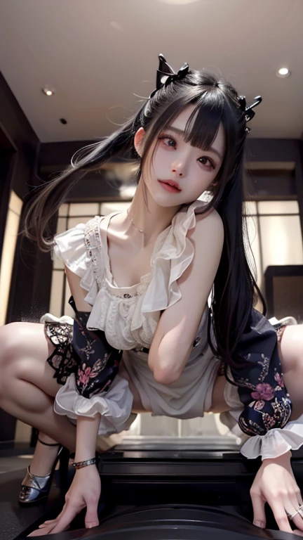 Perfect, Ultra Clear, 8K, Volume Light Antique Real, (Super Long Hair) black Hair
Petite Cute Small and Delicate Shyness Sexy Fair Tender Skin 
Delicate Eyes Real Nose Delicate Little Loli Beautiful Girl A Cute Girl 
[Split Ponytail] white bustier Bow Stockings Hair soft and shiny Creamy glowing skin 
spread of the legs, sitting on the floor grasping knees,((bare crotch))