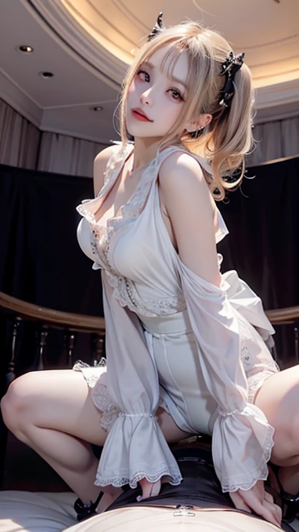 1girl, breasts, blush, short hair, blonde hair, large breasts, long sleeves, 1boy, dress, bow, ribbon, jewelry, nipples, closed eyes, hair ribbon, hetero, nude, sweat, lying, penis, puffy sleeves, indoors, cum, on back, bowtie, apron, black dress, lips, pillow, maid, maid headdress, window, uncensored, bed, black bow, muscular, detached collar, on bed, erection, abs, testicles, cum on body, breasts out, pectorals, curtains, muscular male, , cum on breasts, maid apron, handjob, breast sucking, projectile cum, nursing handjob