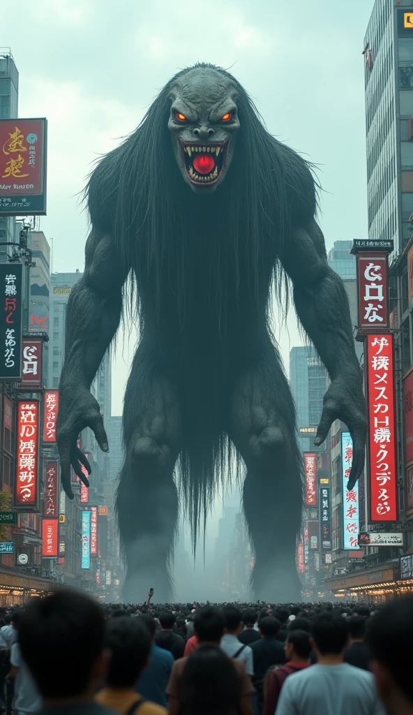 (Highest quality、High resolution、8K、Accuracy、masterpiece: 1.2)。The strangest monsters in the world。A super giant monster、Standing in the streets of Tokyo, Japan。The strange atmosphere of the yokai somehow blends in naturally with the streets of Tokyo.。