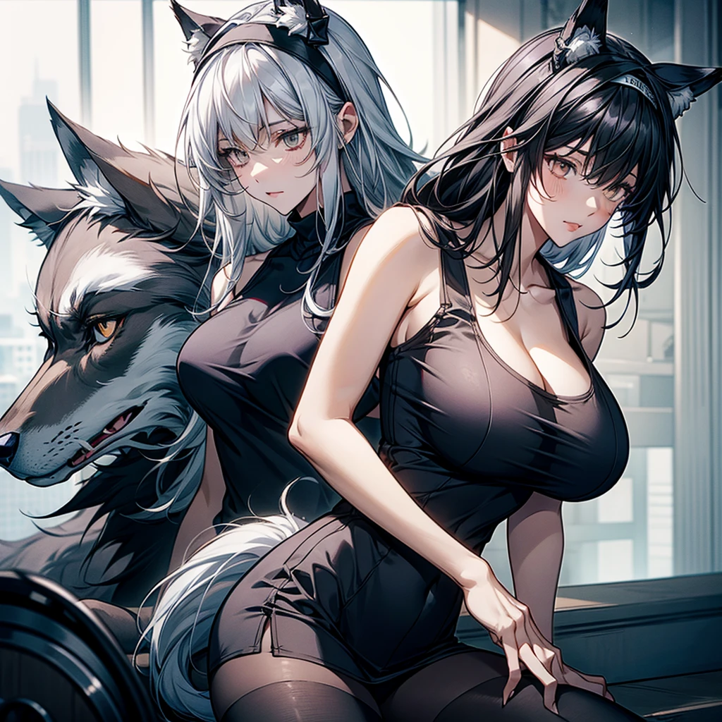 Adult girl naked in black fishnet stockings, with big tits and thighs, who is a she-wolf. 