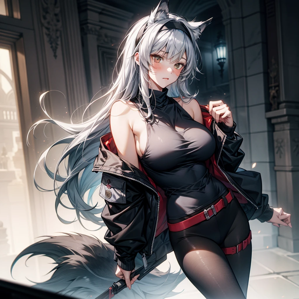 1girls, (masterpiece:1.1), (Best Quality:1.1), Wolf Girl,grey wolf ears on head,grey wolf tail,silverlong hair,cap,tall body,Slim body,Large breasts,nice legs,in street at night,Moonlight