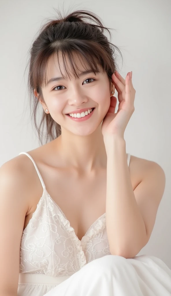 (on the table, best quality, realistically, Super detailed, meticulous, high resolution, 8k wallpaper), Close-up portrait of a beautiful woman, Chariada, smiling, light brown messy hair, Perfect dynamic composition, 美丽meticulous的眼睛, Just like the cover of a fashion magazine, on campus