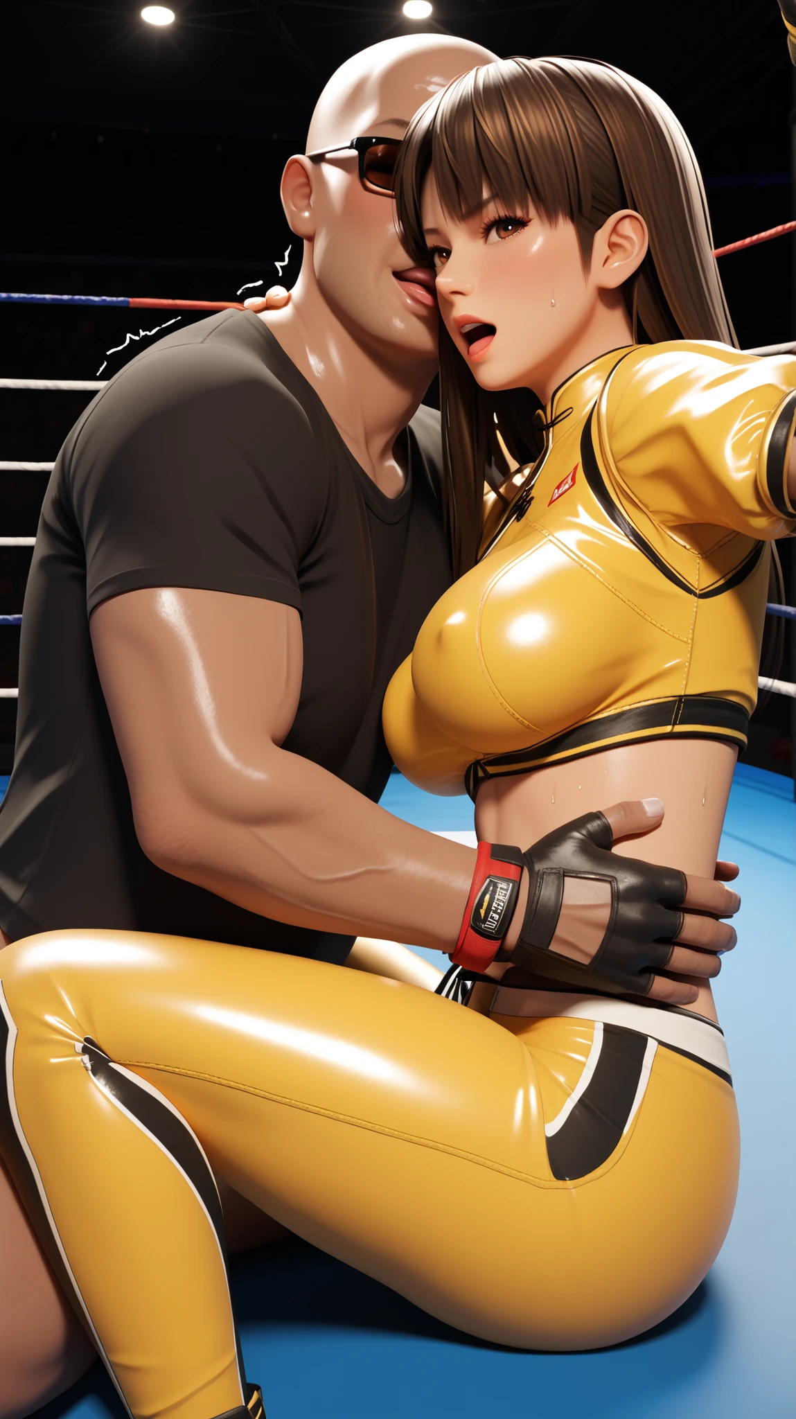 LeiFangDOA, brown hair, (long brown straight hair:1.5), shiny crop top, shiny yellow leggings, short sleeves, fingerless gloves, 2 middle aged man, breasts, gasp:1.3, be breathless, sweat:1.2, sparkling sweat, trembling, brown eyes, looking at viewer, [[angry]], blush, {anguish}, {{shameful}}, wrestling ring, nsfw:1.2, covered nipples:0.1, half-closed eyes, open mouth, empty eyes, girl lying on her back:1.7, lie down:1.4, missionary position:1.8, hug:1.3, leg lock:1.8, girl’s leg around his waist:1.2, breast sucking by man:1.7, from side, groin:1.3, man groping her ass by man:1.6, realistic skin texture:1.5,