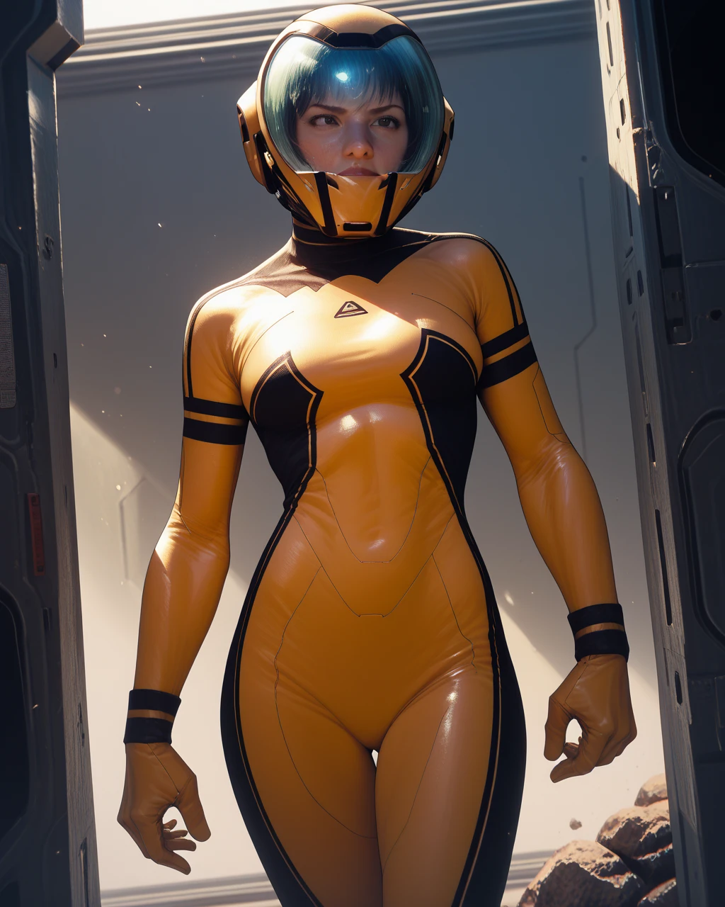 (((pixie cut hairstyle))) elegant (steampunk) slender athletic woman in a (((Spacestation))) , (detailed face), 1girl in shot, wide-angle, high angle, (wearing bright orange ((latex)) (((monokini spacesuit dress))) with white embroidery, white accent lines in the uniform, (Amber Heard: 1.6), blue eyes, (Natural Lighting), (Light ray tracing), (Soft Lighting:1.2), (wide angle), (Highres), (8K), full frame, (((Photo realistic))), ((detailed background)), (masterpiece, best quality, realistic, detailed:1.1), masterpiece, best quality, extremely detailed CG unity 8k wallpaper, ultra high res, professional photography, sharp focus, HDR, 8K resolution, intricate detail, sophisticated detail, (medium breasts:1.3), (Muscles:1.1), (Cameltoe:1.3), thigh gap