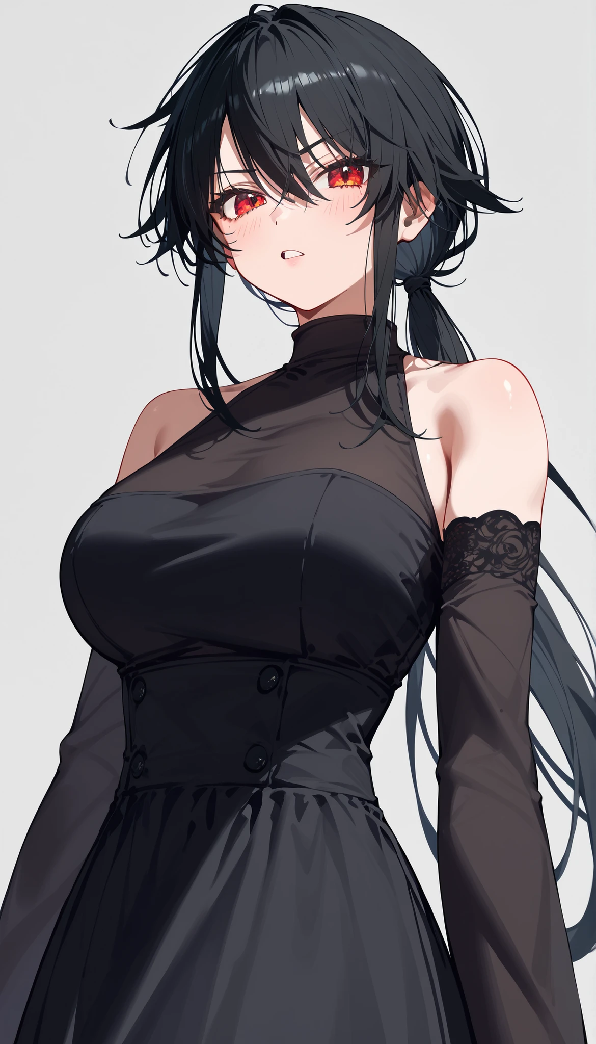 alone,girl, tomboy, black hair,ผมสีดำ,in red eyes,long hair,Fierce face,good figure,slim,Tall,Calm down,front focus,standing,Serious-Faced Shirt,Upper Body Shape,milf,long hair,gray background,,bright,looking at the audience,big breasts,,Turtleneck dress,muscleหน้าท้อง,six pack,Off-the-shoulder dress, Stocking arm,muscle, Close-up image ,Dress,Low ponytail, Stocking arm ,arm stocking,ุDress,lace dresses,shy,Black suit,Dress in black,,Open your mouth,Chopped,