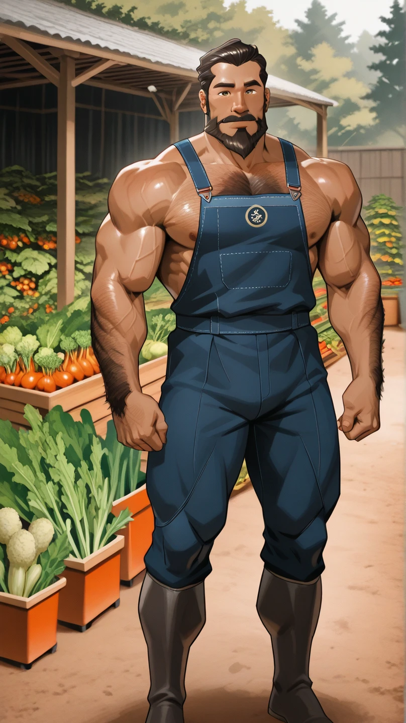 realistic, masterpiece, intricate details, detailed background, depth of field, cinematic, bara, muscular, pectorals, photo of a handsome (latino man), wearing naked overalls, farming, crops, plants, greenhouse, barrels, bushels of fruits and vegetables, sunlight, (smile:0.7), dirty clothes, sweaty, looking at viewer,