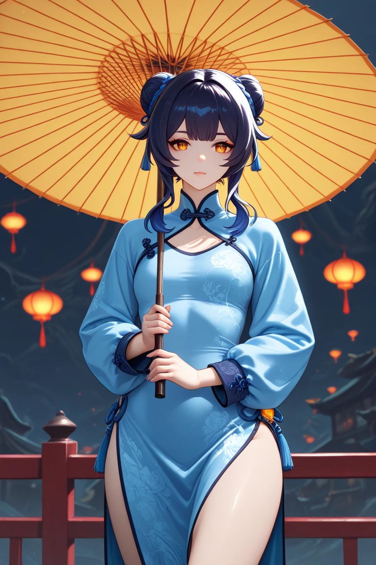 (top-quality、in 8K、32K、masterpiece、nffsw、超A high resolution、Impresionismo、Photorealsitic:1.2)、Colossal tits、cowboy shot、Begging Pose、 detailed faces and eyes、 nightcity、Dim Street Lights、A jack-o'-lantern is placed on the road、beauitful face、blurry backround、16-year-old beautiful girl、shinny skin、long claws、Official Qing Dynasty Cap、Official clothing of the Qing Dynasty、Beautiful green hair、Bun hair、Blunt bangs、The eyes are red eyes、(Qing Dynasty Hat:1.2)、Kung Fu Shoes、Yellow rune reiatsu paper on forehead、Curve、Stand on one knee、(Official formal dress of the Qing Dynasty in black color:1.2)、A smile with open mouth and fangs bared、cross one's legs