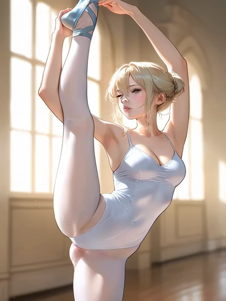 A woman, 21-years-old, solo, Caucasian, blonde hair tied back in a bun, no bangs, green eyes, black tube top, shoulders, black choker, white pantyhose, standing_split, dance studio, wooden floors, curtains, pointe shoes, calm facial expression, serene, relaxed, peaceful, soft gaze, night, cleavage