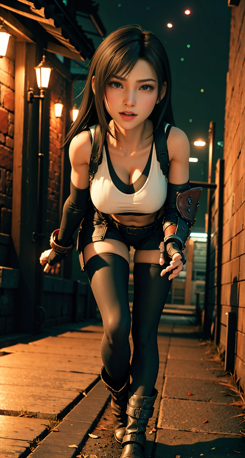 Fashion photography of real-life Makima from Chainsaw Man, in an action pose with an amazing camera angle. The setting is a dynamic urban environment, with buildings and neon lights in the background. The composition centers Makima, capturing her mid-movement with a powerful stance. The lighting is dramatic, with intense highlights and deep shadows emphasizing her features