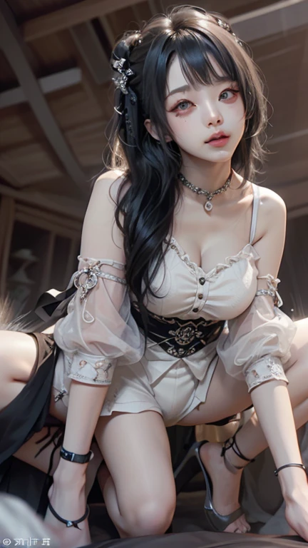 (One Girl:1.3), Cinematic Light, (Tabletop, highest quality, highest quality, beautifully、aesthetic:1.3), Very detailed,Best details,(Very detailed),, From above,(( Lying in bed)), alone, chest, Silky long hair, (Brown Hair), Roses were scattered in the flowerbed., ((suit)), ((shirt)), Open chest,Big chest
