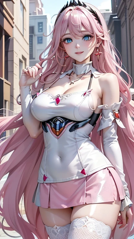 red eyes, (highest quality, masterpiece painting:1.3), immature woman, 16 years old, (half body shot), masterpiece, ultra high resolution, (Photoreal:1.0), ((light purple hair)),straight hair, beautiful shining hair, white and shining skin, ((Ultra realistic details)), octane rendering, highly detailed face, (big breasts:0.8), bare shoulder,  light red pvc outfit, (light red pvc serafuku:1.3), (light red pvc pleated skirt), light red pvc elbow gloves, light red pvc thigh boots, (garter straps:1.2), Fabric Glows,  open neckline, cleavage, perfect body, soft skin, silver earrings, (pure white background:1.4), sharp focus, intricate details, professional artwork, (bright colors:1.1), bright colors, diffused lighting, digital blending, ultra-definition body, ultra detail hair, super detailed face, that&#39;It&#39;s trending on pixiv, top button open, Cute gaze, compensate, perfect lips, perfect compensate, Ultra-precision coating, (light_smile:0.8), (smugness:1.2),blush your nose,